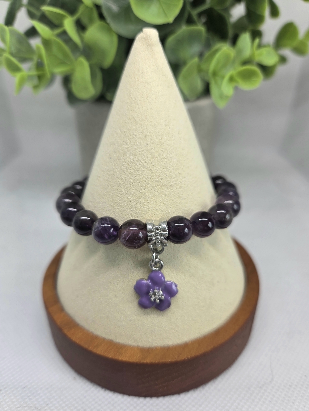 Purple Amethyst Beaded Flower Charm Bracelet